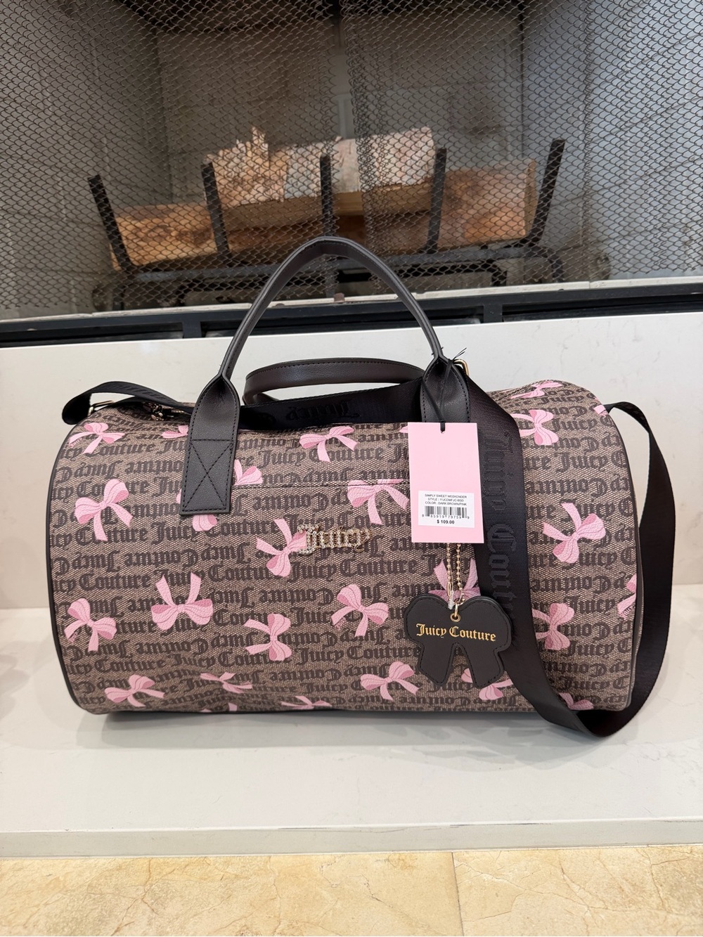 Juicy Couture Brown Logo Barrel Duffel with Pink Bow Accents